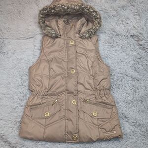 Weather Tamer Vest Womens S Biege Hood Gorpcore Comfy Cozy Warm Zip Up‎ Pockets